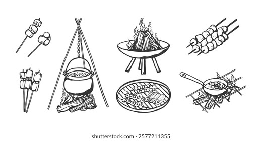 Bbq grill hand drawn set