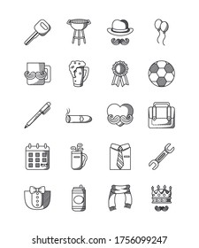 Bbq Grill And Happy Fathers Day Icon Set Over White Background, Line Style, Vector Illustration