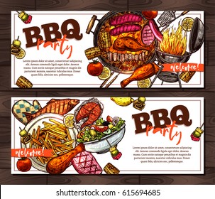 Bbq And Grill Horizontal Banners With Barbecue Party Invitation