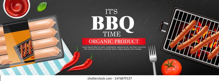 Bbq grill hot dog Vector realistic. Banner tasty menu brochure template hot sausages. 3d illustration food