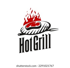 BBQ grill icon for barbecue restaurant, steak bar or steakhouse menu, vector meat and fork sign. Charcoal barbeque food and burger house emblem with steak meat on grate and fire flames