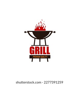 BBQ grill icon. Barbecue steakhouse, meat roast beef party or beefsteak grill food market vector symbol. Steak grilling restaurant menu sign or icon with fire flame and grill crate