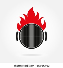 BBQ grill icon with fire flame. Top view of Barbecue. Vector illustration.