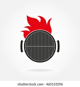 BBQ grill icon with fire flame. Top view of Barbecue. Vector illustration.