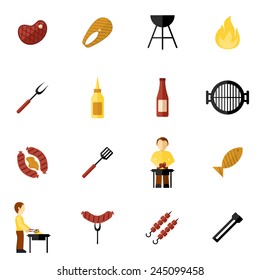 Bbq grill icon flat set with meat and fish steaks and cooking utensil isolated vector illustration