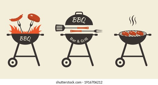 BBQ and grill icon set. Barbecue logo or badge design with fire, meat, steak, sausage, fork and spatula. Vector illustration.