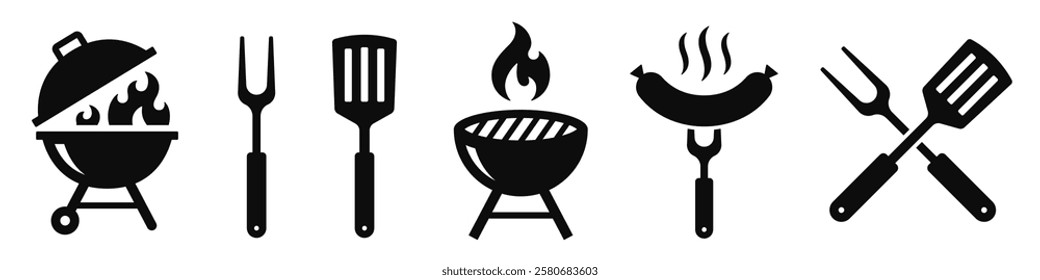 BBQ grill icon set. Barbecue, bar-b-q, spatula, grill fork, picnic, fire - stock vector.