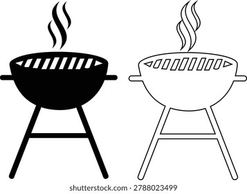 BBQ grill icon set with barbecue equipment, charcoal grill, cooking tools and outdoor grilling symbols, barbecue food preparation icons in solid and outline style vector isolated on transparent background