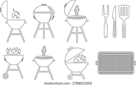 BBQ grill icon set with barbecue equipment, charcoal grill, cooking tools and outdoor grilling symbols, barbecue food preparation icons in solid and outline style vector isolated on transparent background