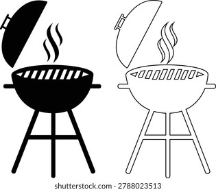 BBQ grill icon set with barbecue equipment, charcoal grill, cooking tools and outdoor grilling symbols, barbecue food preparation icons in solid and outline style vector isolated on transparent background