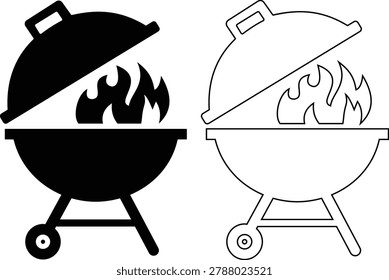 BBQ grill icon set with barbecue equipment, charcoal grill, cooking tools and outdoor grilling symbols, barbecue food preparation icons in solid and outline style vector isolated on transparent background