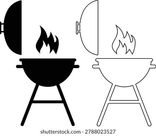 BBQ grill icon set with barbecue equipment, charcoal grill, cooking tools and outdoor grilling symbols, barbecue food preparation icons in solid and outline style vector isolated on transparent background