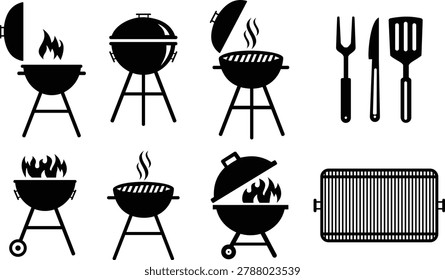 BBQ grill icon set with barbecue equipment, charcoal grill, cooking tools and outdoor grilling symbols, barbecue food preparation icons in solid and outline style vector isolated on transparent background