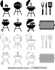 BBQ grill icon set with barbecue equipment, charcoal grill, cooking tools and outdoor grilling symbols, barbecue food preparation icons in solid and outline style vector isolated on transparent background