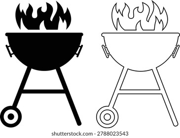 BBQ grill icon set with barbecue equipment, charcoal grill, cooking tools and outdoor grilling symbols, barbecue food preparation icons in solid and outline style vector isolated on transparent background