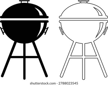 BBQ grill icon set with barbecue equipment, charcoal grill, cooking tools and outdoor grilling symbols, barbecue food preparation icons in solid and outline style vector isolated on transparent background