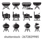 BBQ Grill Icon Set Black Silhouette Vector Barbecue Smokers and Grills Collection	