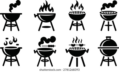 BBQ grill icon set black vector symbol fire smoke food
