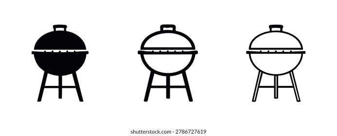 BBQ grill icon set. Black silhouette and outline barbecue symbols. Cooking graphic design elements.