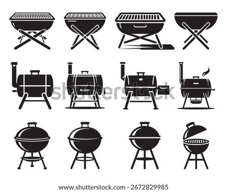 BBQ Grill Icon Set Black Silhouette Vector Barbecue Smokers and Grills Collection	