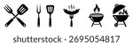 BBQ grill icon set featuring barbecue elements including spatula, grill fork, picnic, and fire symbols. Black vector illustration ideal for cooking design projects and restaurant graphics.