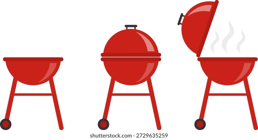 Parrilla de barbacoa, icono de parrilla de barbacoa, conjunto de parrillas de barbacoa rojas realistas. Vector, ilustración del diseñador, Anuncio del Web. Imagen de Vector.