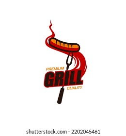 Bbq Grill Icon Of Vector Barbecue Fork With Beef Or Pork Meat Sausage And Fire Flame Smoke. Bbq Restaurant, Outdoor Summer Party Or Grill Bar Isolated Symbol With Roasted Meat Food And Barbecue Tool