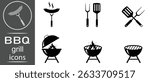 BBQ grill icon vector set. Black silhouette BBQ grill. Barbecue Grill, Barbeque Grill tools vector symbol. Cook on backyard Isolated on white background. Vector illustration.