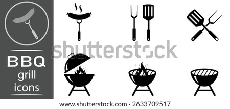 BBQ grill icon vector set. Black silhouette BBQ grill. Barbecue Grill, Barbeque Grill tools vector symbol. Cook on backyard Isolated on white background. Vector illustration.