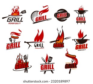 BBQ grill icons, meat sausage on fire and fork, vector barbecue steak restaurant symbols. BBQ grill sausage on flame with spatula, menu or barbeque cooking party signs, meat bar and butchery signs