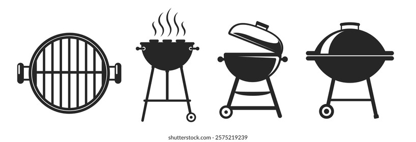 BBQ grill icons with smoke on transparent background. BBQ black sign flat trendy style simple illustration