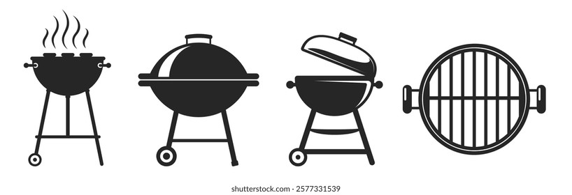 BBQ grill icons with smoke on transparent background. BBQ black sign flat trendy style simple illustration