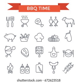 BBQ and grill icons, thin line design