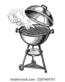 BBQ grill isolated. Barbecue brazier with smoke. Kebab, grilled food concept. Hand drawn sketch vector illustration