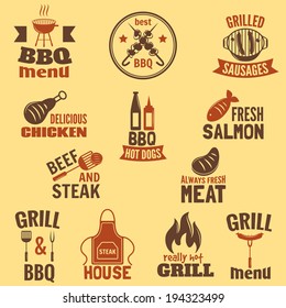 Bbq grill label best premium quality fish and meat barbeque set isolated vector illustration