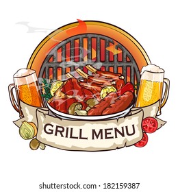 BBQ Grill label design with ribbon banner and sample text.