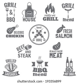 Bbq grill label steak fish and meat restaurant menu set isolated vector illustration