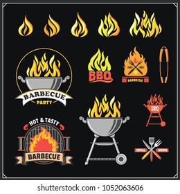 BBQ and grill labels set. Barbecue emblems, badges and design elements. Vector monochrome illustration.