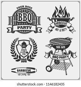 BBQ and grill labels set. Barbecue emblems, badges and design elements. Vector monochrome illustration.