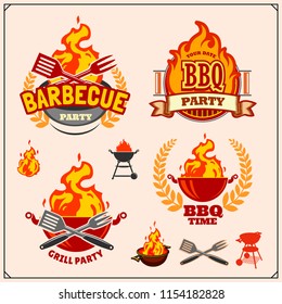 BBQ and grill labels set. Barbecue emblems, badges and design elements. 