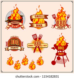 BBQ and grill labels set. Barbecue emblems, badges and design elements. 