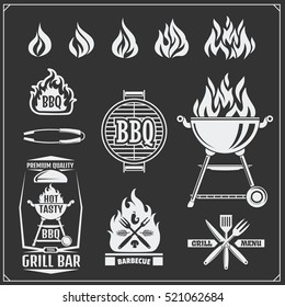 BBQ and grill labels set. Barbecue emblems, badges and design elements. Vector monochrome illustration.