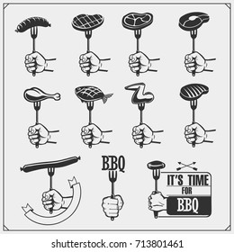 BBQ and grill labels set. Barbecue emblems, badges and design elements. Vector monochrome illustration.