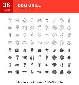 BBQ Grill Line Web Glyph Icons. Vector Illustration of Food Outline and Solid Symbols. 