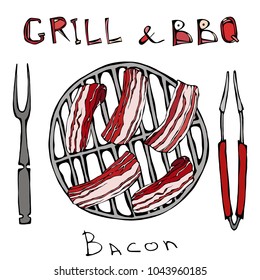 BBQ and Grill Logo. Bacon on a Barbeque Grill. Roasted Pork Slises. With Fork and Tongs. Restaurant Menu. English Breakfast Ingredient. Hand Drawn Illustration. Savoyar Doodle Style.