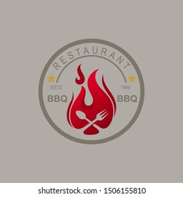 BBQ Grill logo, Barbecue Label Stamp Logo design vector, fire icon and cutlery logo design template