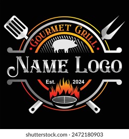 Bbq and grill logo design. Barbeque logo design with pork and fire. Pork pig BBQ Grill badge. Grill food and restaurant logo