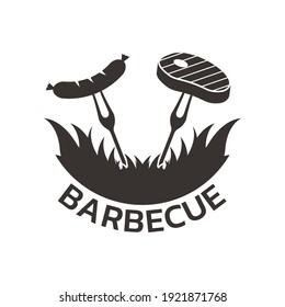 BBQ grill logo or icon. Barbecue emblem with fire, crossed forks with sausage, meat or steak. Vector illustration.