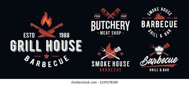 Conjunto de logotipos BBQ and Grill. Emblemas de parrillada de época. Etiquetas de restaurantes, emblemas, logotipo. Plantillas de logotipo de vectores.