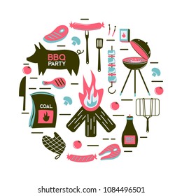 BBQ grill meat barbecue restaurant party at home dinner vector products skewer grilling kitchen equipment flat illustration in circle. Meat food for family summer time